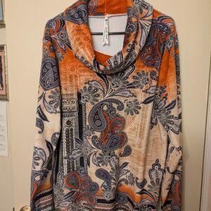 Paisley Cowl Neck Top in Orange , Black And Cream